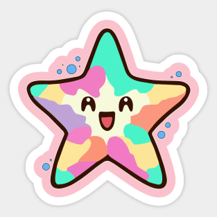 Happy smiling baby starfish with bubbles. Kawaii cartoon Sticker